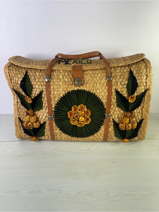 Handbags - Vtg 60s Mexico Straw Woven Large Shopper Tote Beach Bag w 3D Rattan Flowers